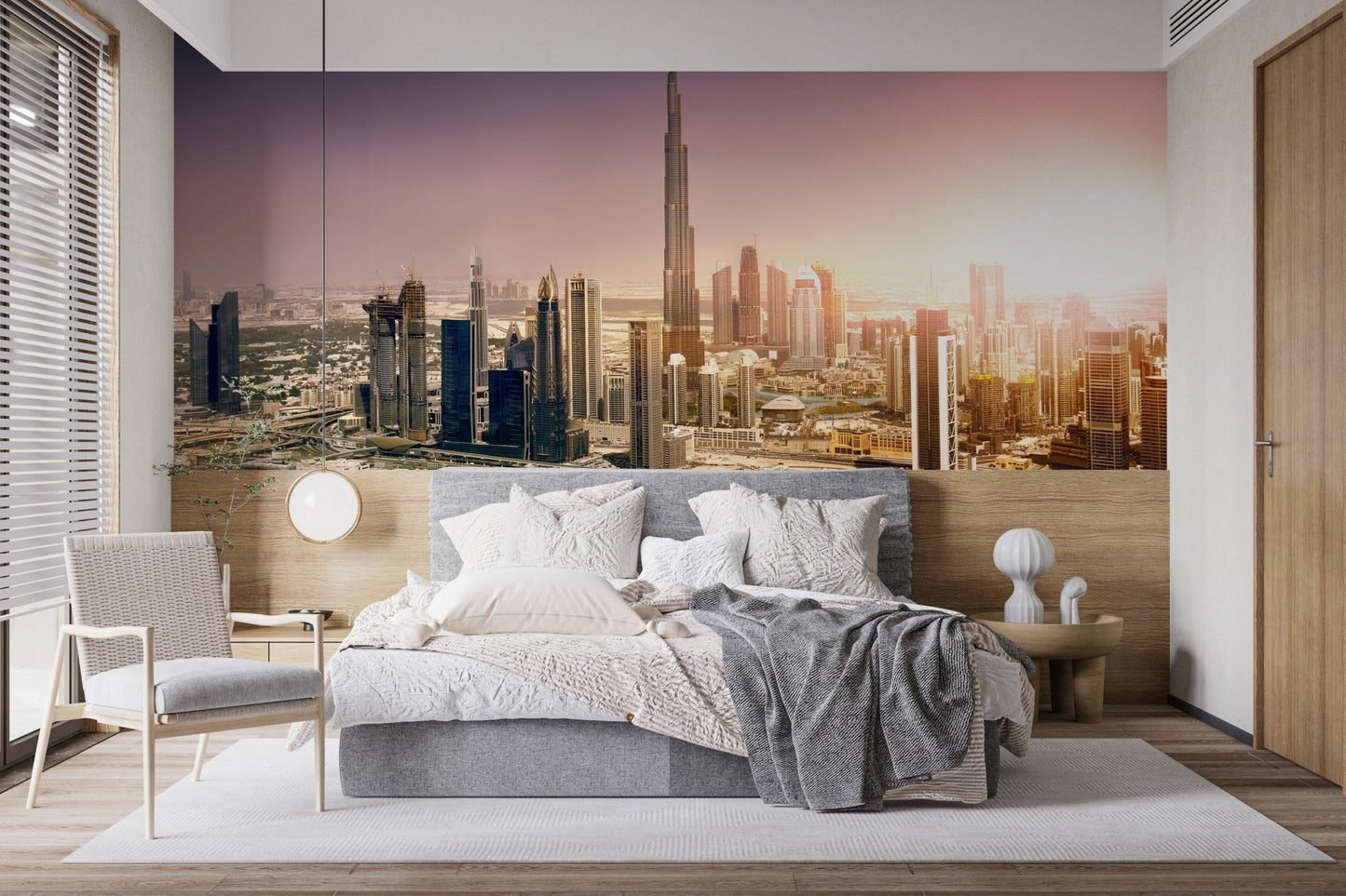Dubai downtown skyline at sunset mural