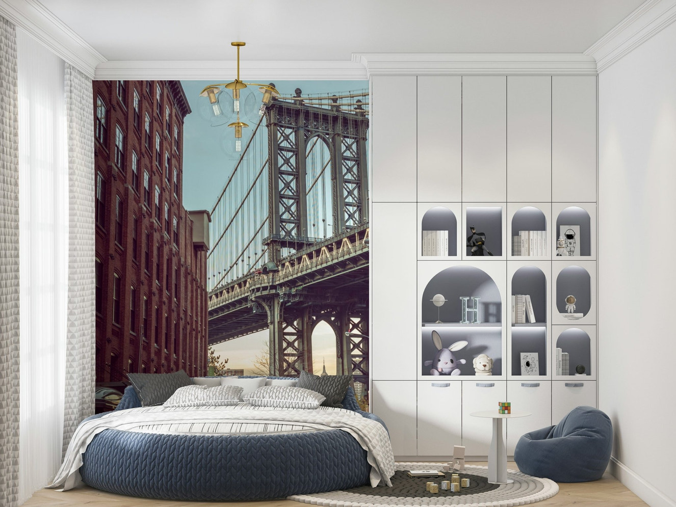 DUMBO Dawn wallpaper mural featuring historic Brooklyn cobblestone street.