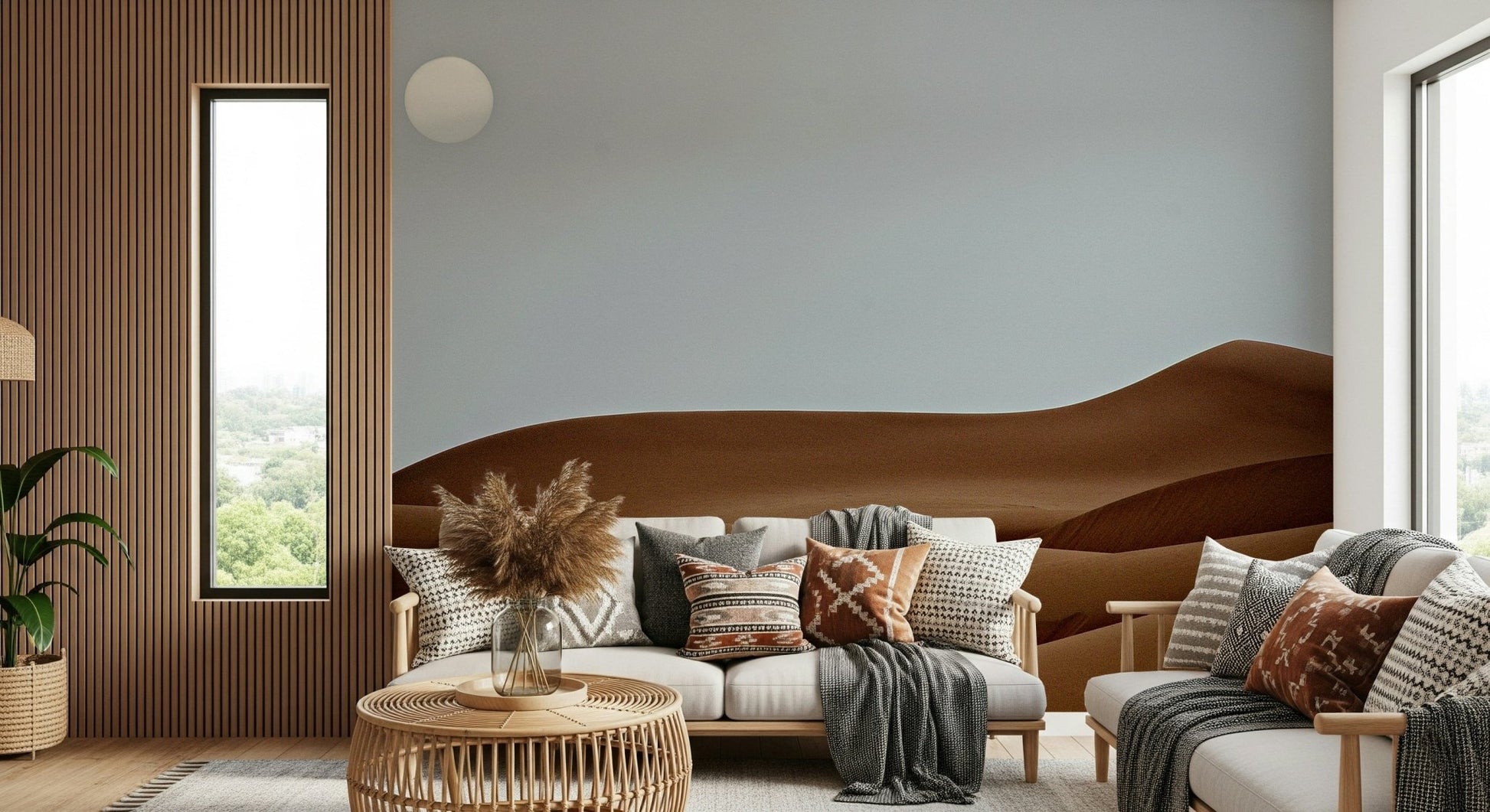 Warm brown tones and pale sky of Dunes Under the Sun Wall Mural.