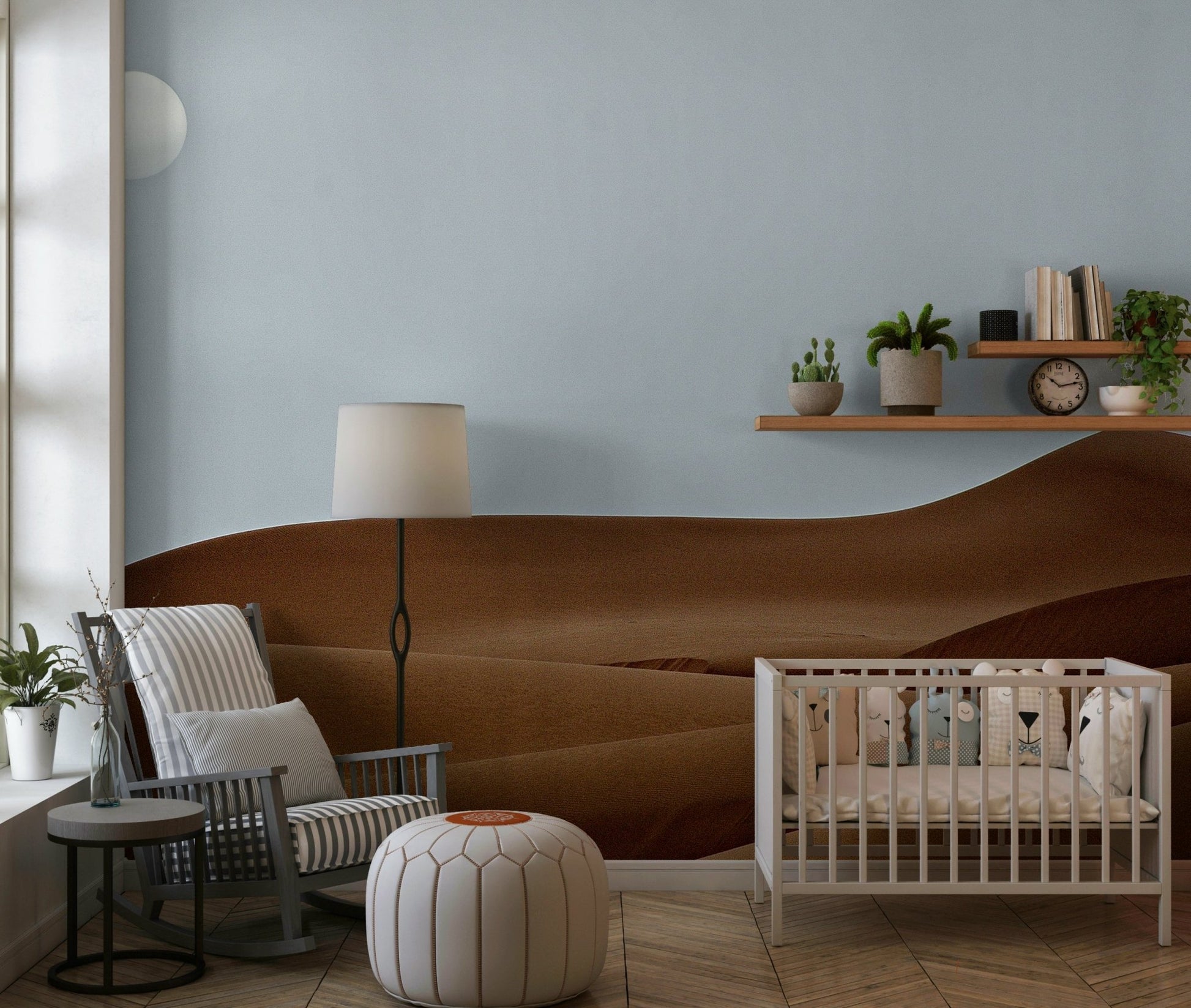 Desert scenic mural wallpaper in a quiet room.