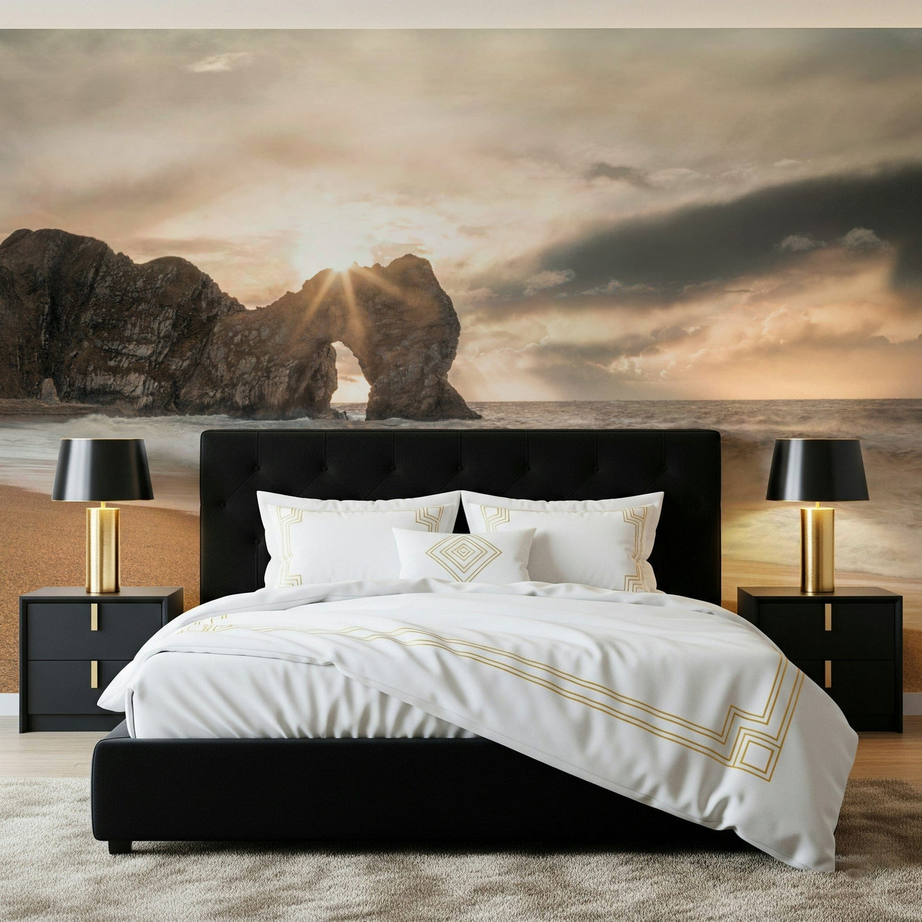 Golden Durdle Door beach, mural, crashing ocean waves.