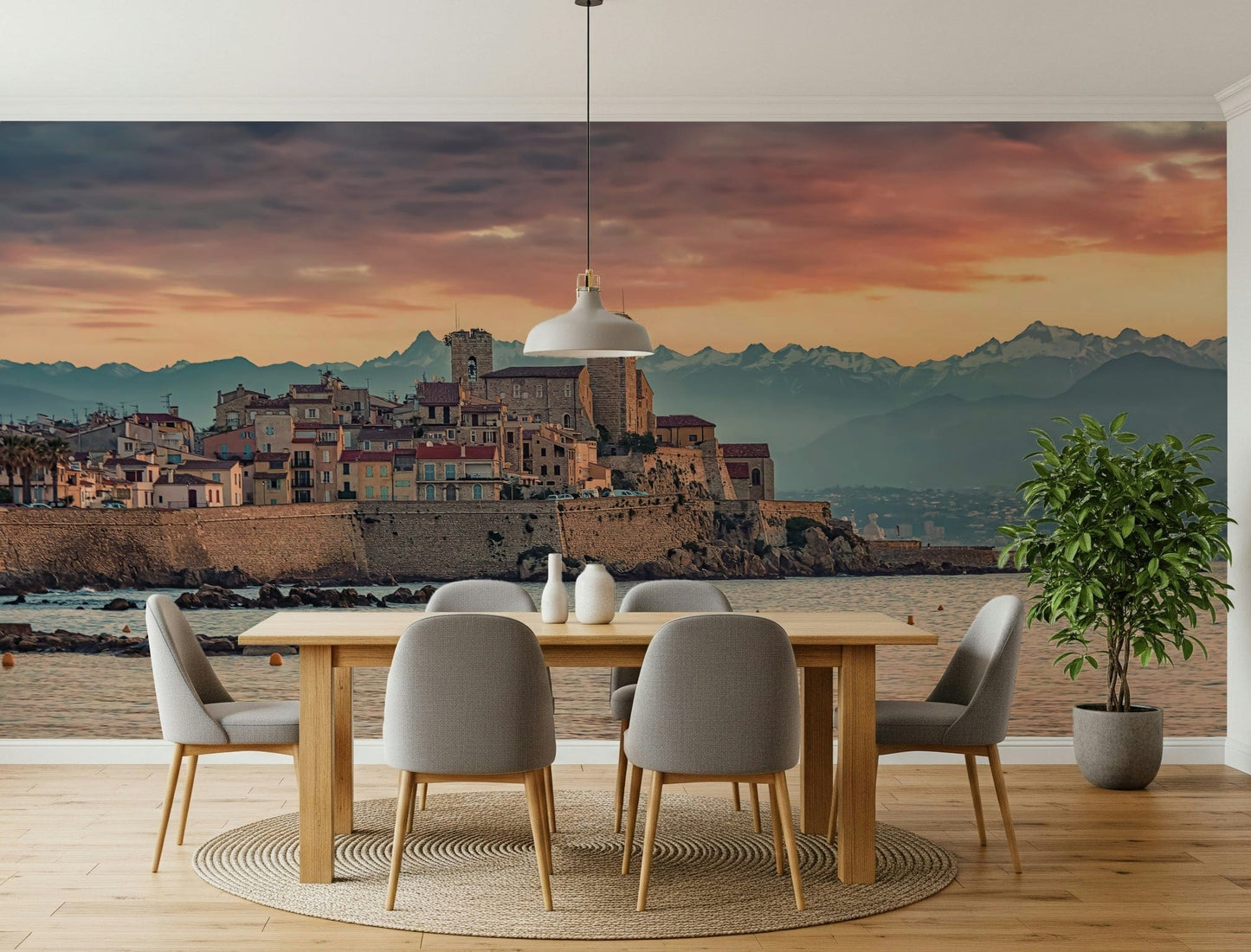 Pink and purple sky tones in Dusk at Antibes Wall Mural print.