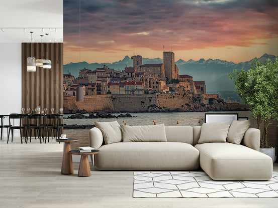 Pastel sunset clouds over fortress on Dusk at Antibes Wall Mural scenery., GD6720