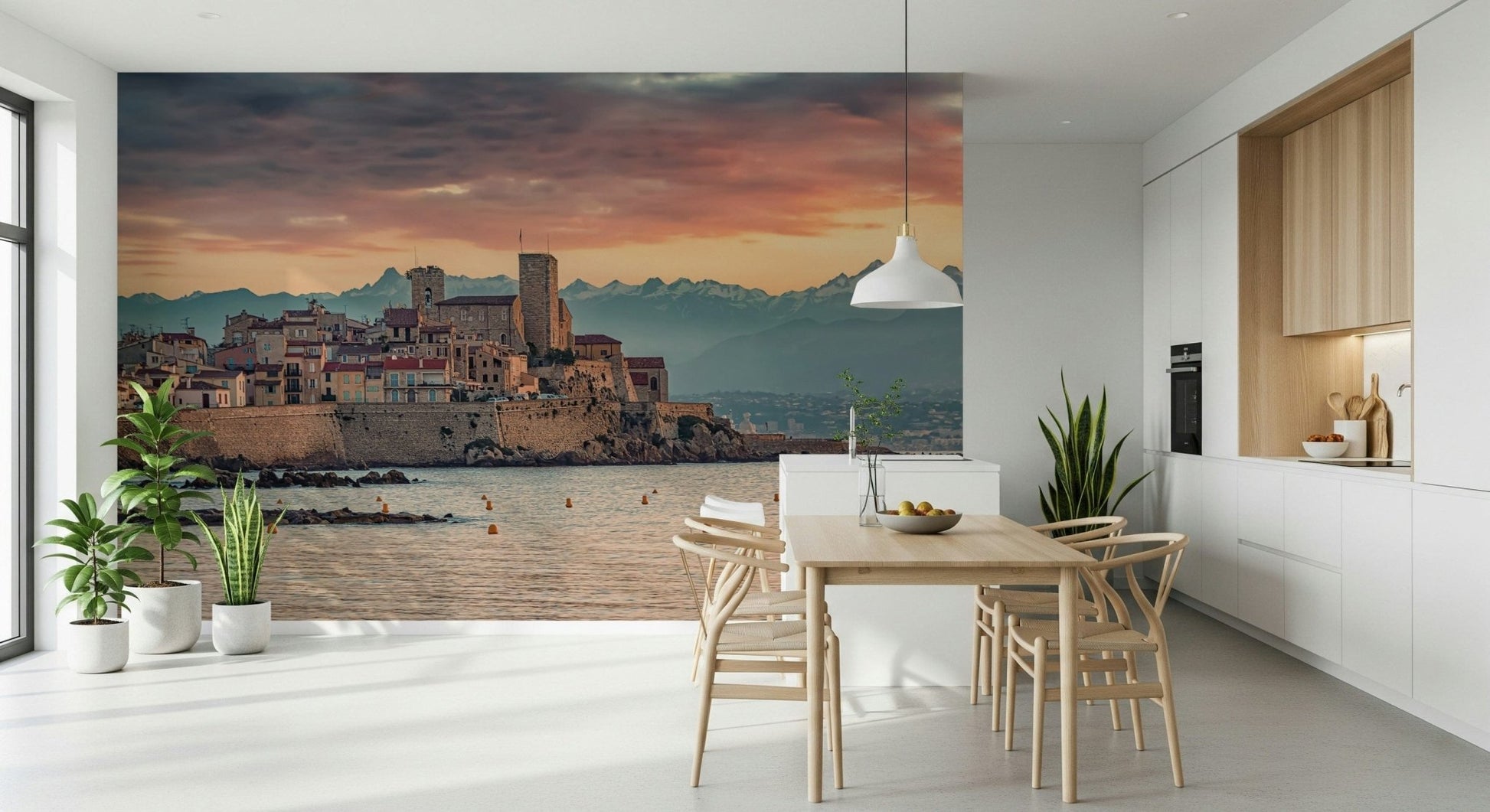 Medieval buildings along the coast on Dusk at Antibes wallpaper mural vista.