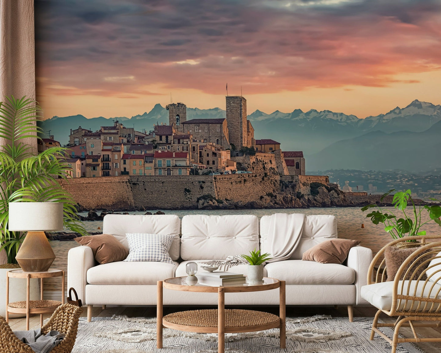Classic French Riviera coastal scene on Dusk at Antibes wallpaper mural decor.