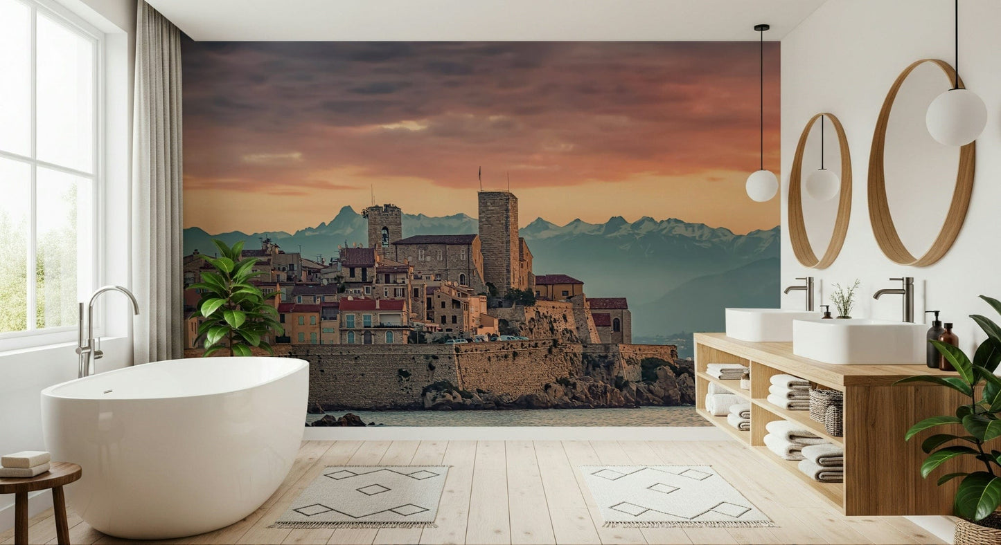 Peaceful seaside town view Dusk at Antibes wallpaper mural bedroom accent.