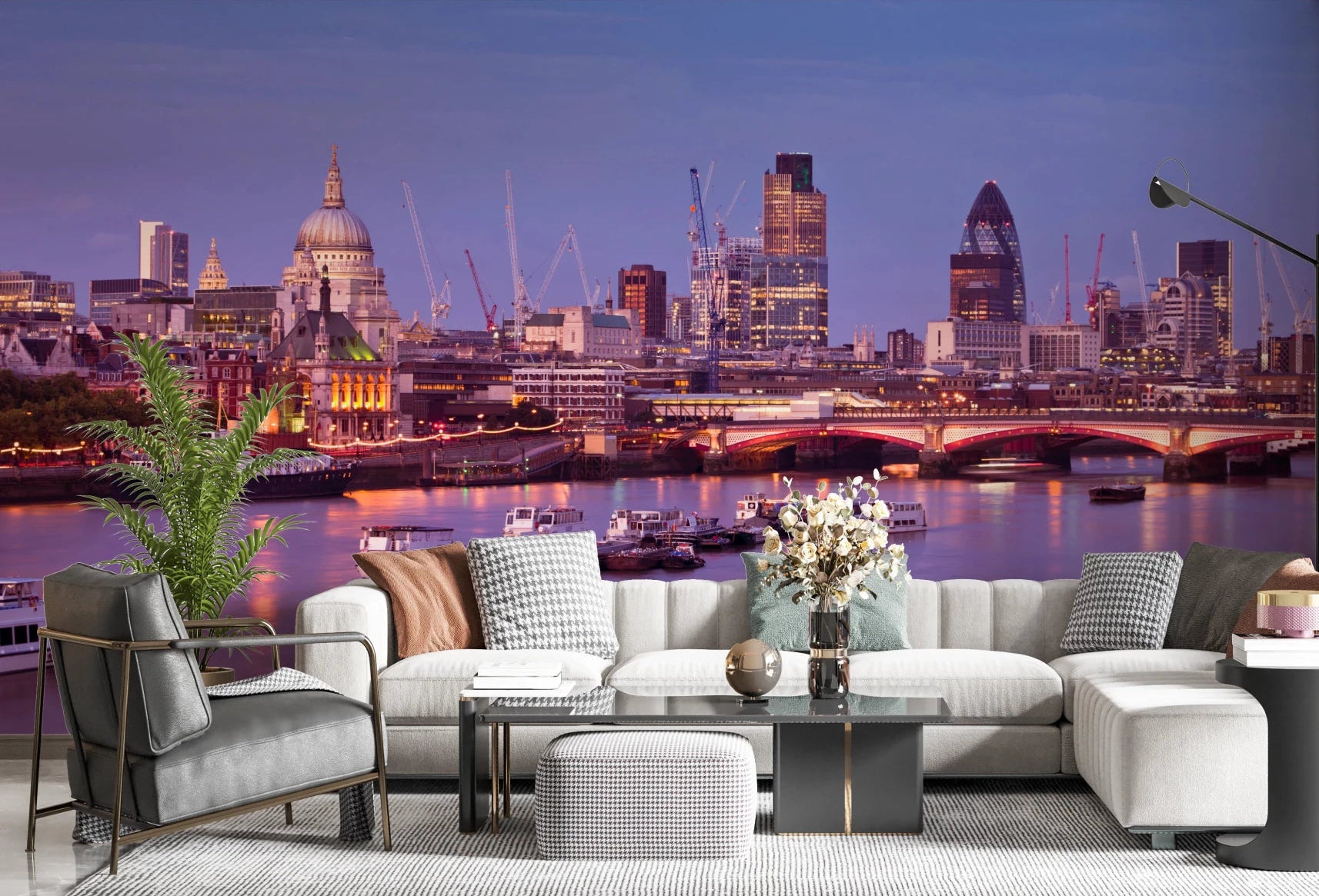 Living room styled with Dusk on the Thames Wall Mural and glowing skyline view, GD8630