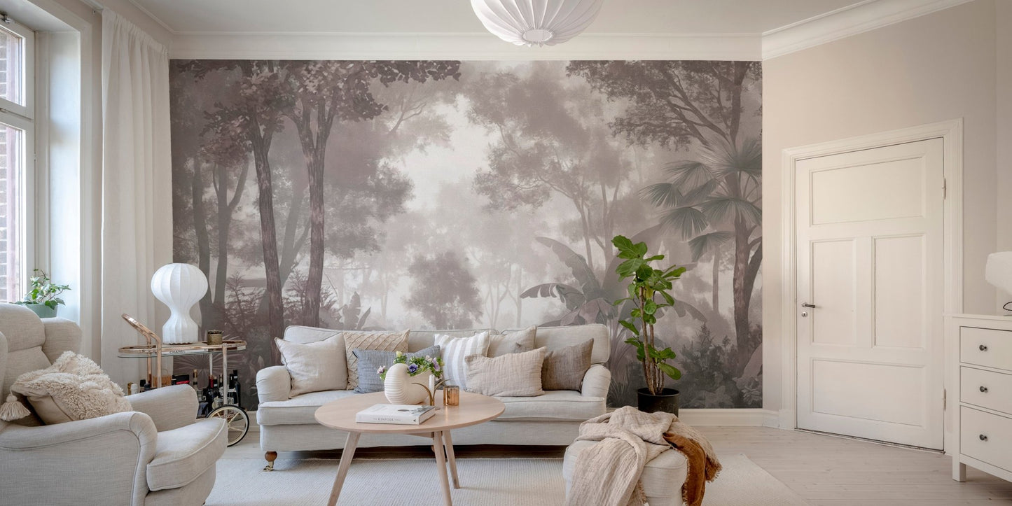 Misty jungle wallpaper with foliage
