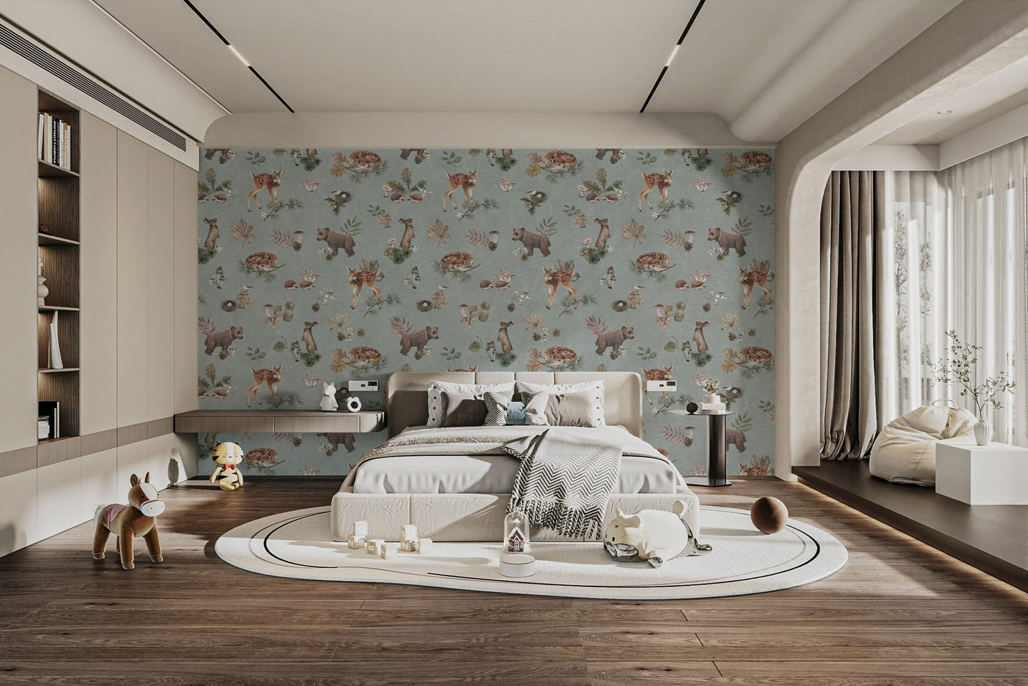 Neutral blue baby animal wallpaper design
