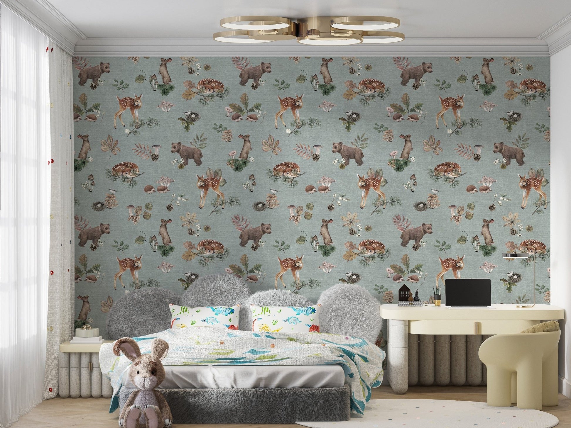 Dusty blue baby animal nursery wallpaper
