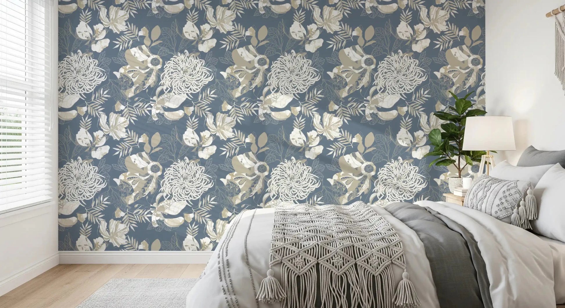 Bedroom styled in Dusty Blue Floral wallpaper with layered flower detail