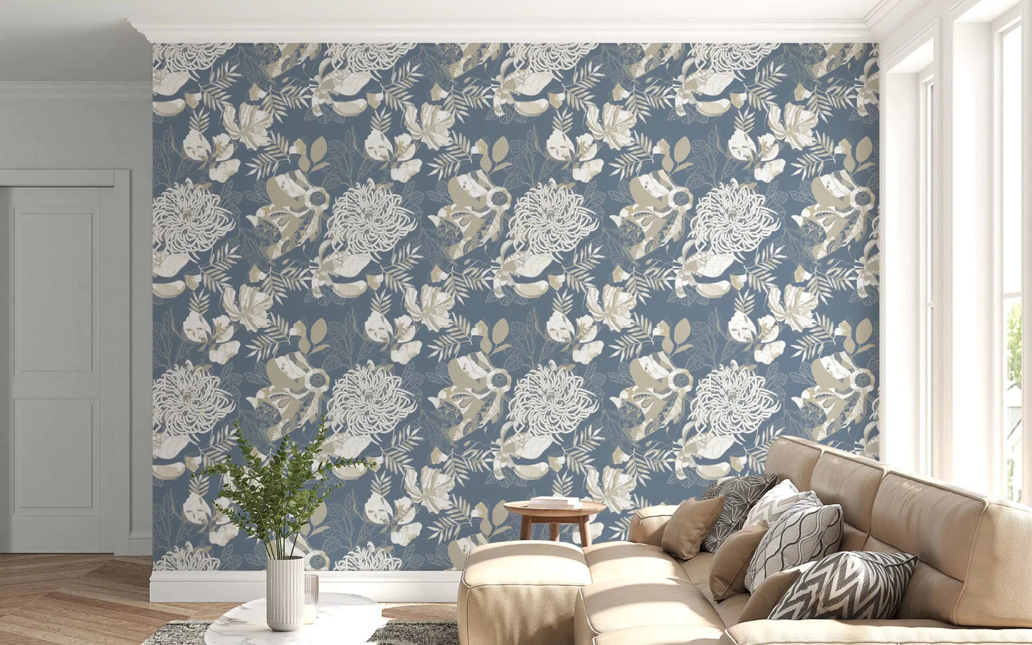 Muted blue floral wallpaper showing soft botanical layering and contrast