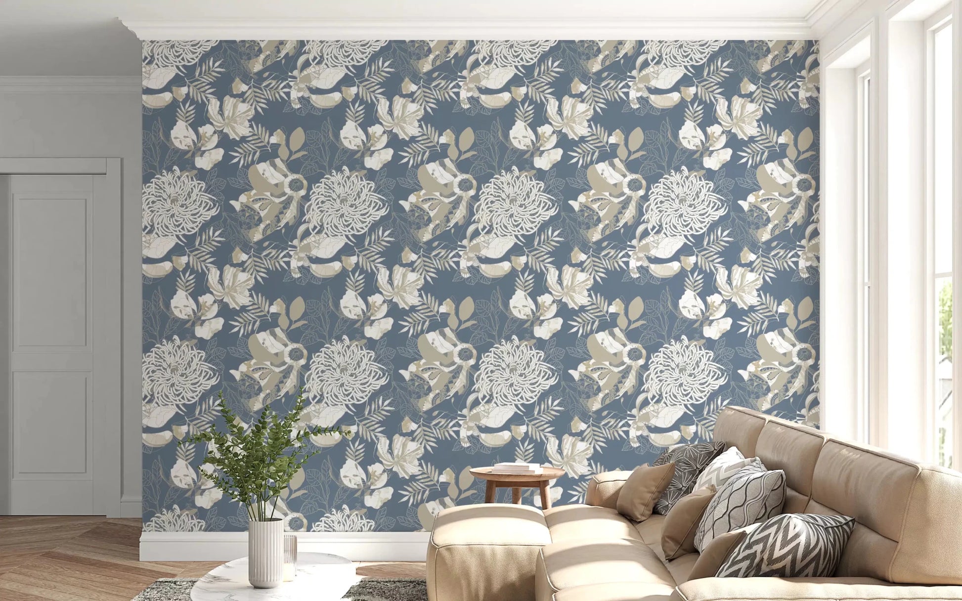 Muted blue floral wallpaper showing soft botanical layering and contrast