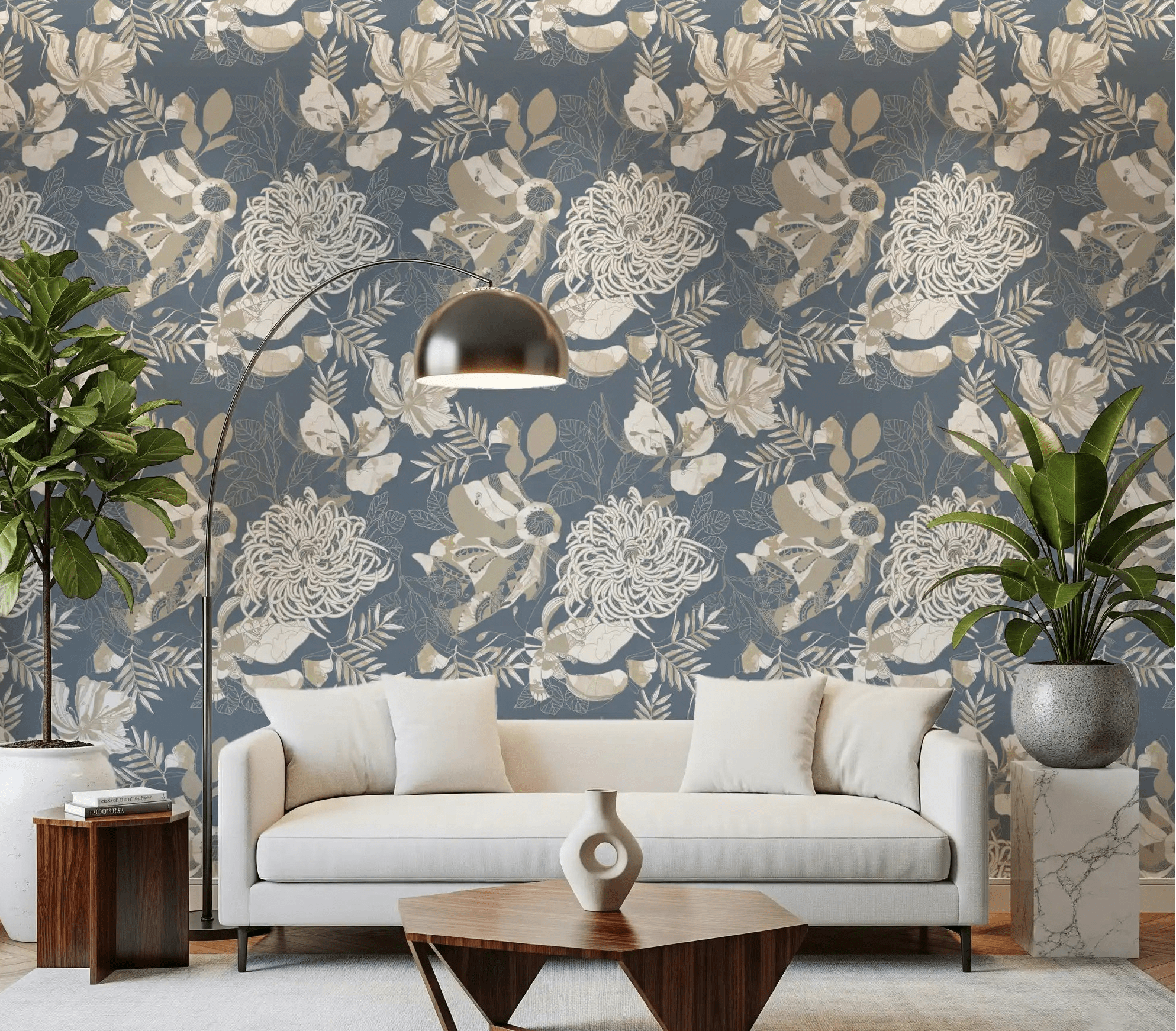 Living room with Dusty Blue Floral wallpaper and soft beige botanical blooms