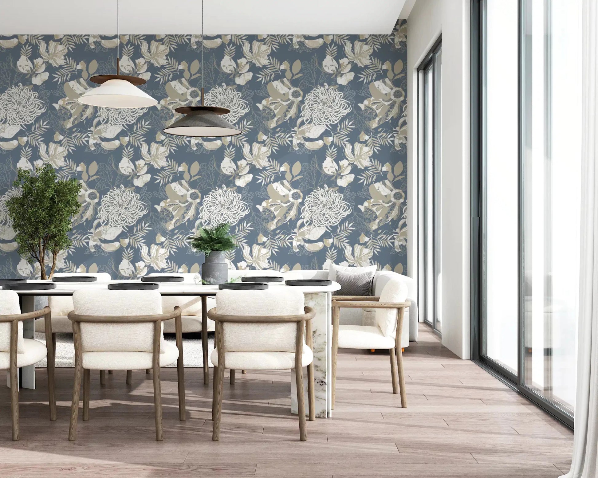 Dining wall with Dusty Blue Floral wallpaper and leafy floral pattern