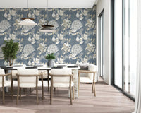 Dining wall with Dusty Blue Floral wallpaper and leafy floral pattern