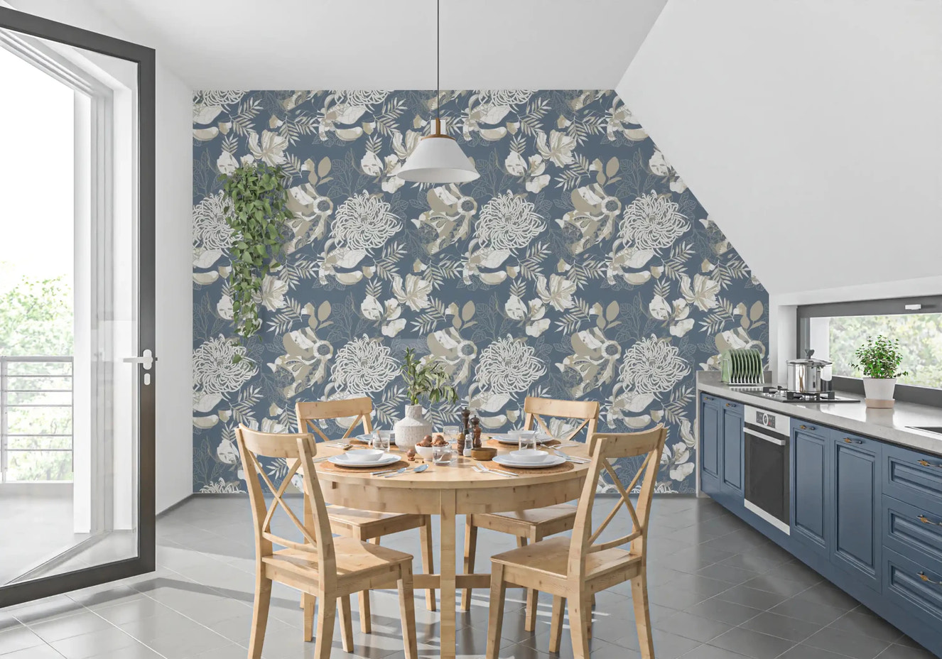 Dusty Blue Floral wallpaper with beige blossoms and delicate leaf accents