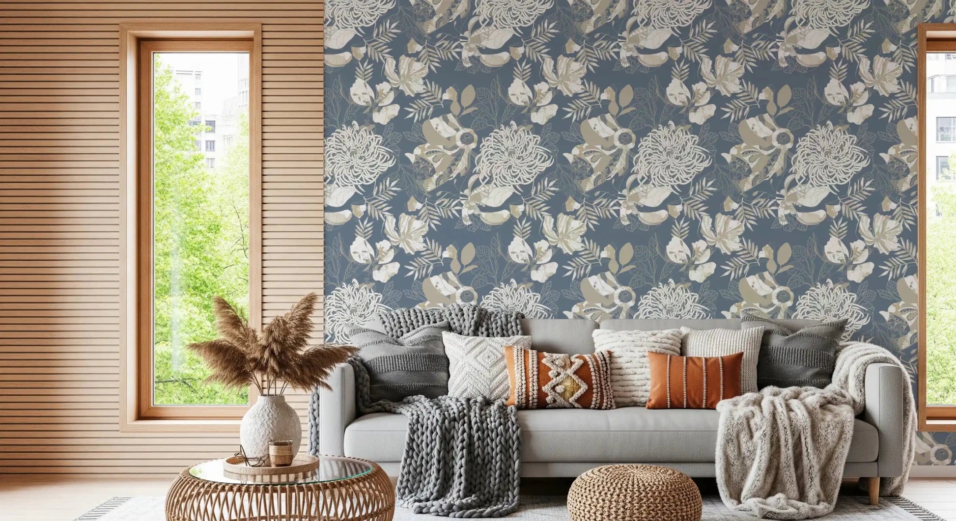 Beige floral motifs spread across Dusty Blue Floral wallpaper gracefully