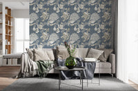 Hallway featuring Dusty Blue Floral wallpaper on a muted blue base