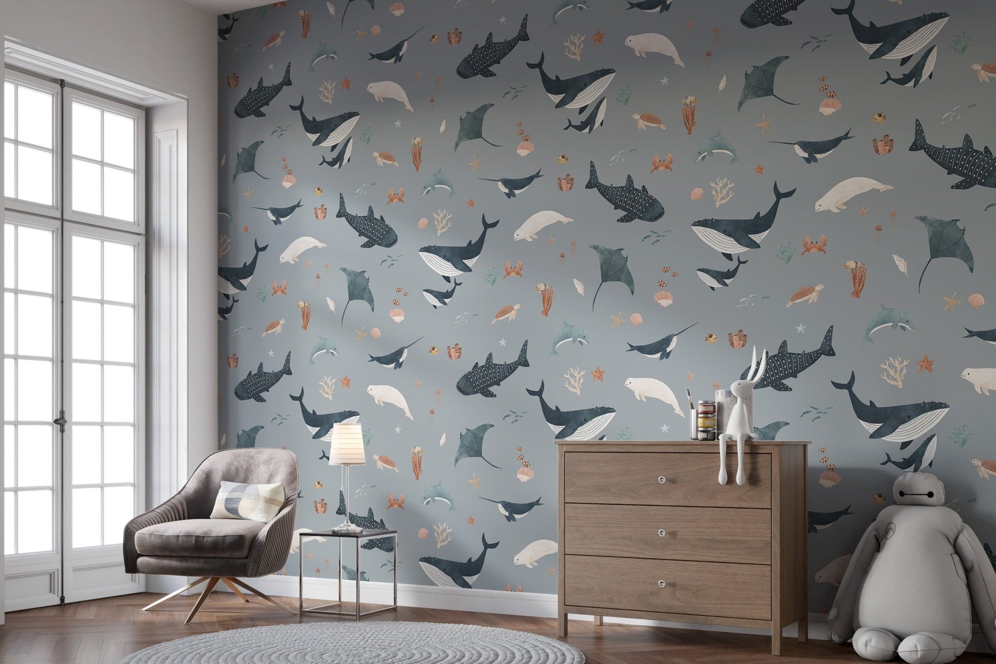 Nautical dusty blue sea life wallpaper
