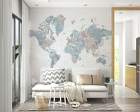 Dusty blue map wall covering

