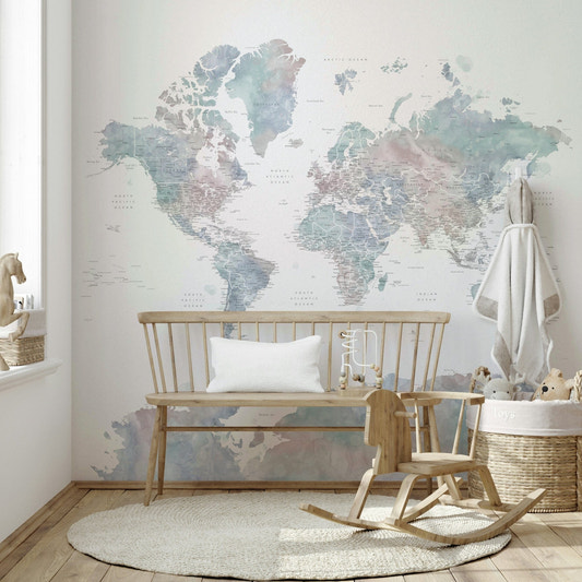 Watercolor dusty blue world map decor

