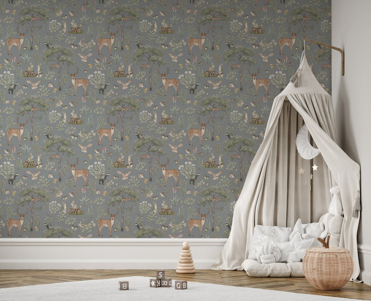 Hand-drawn wildlife mural in blue
