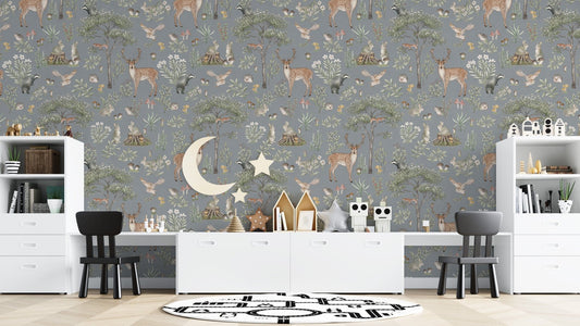 Dusty blue wildlife wallpaper design
