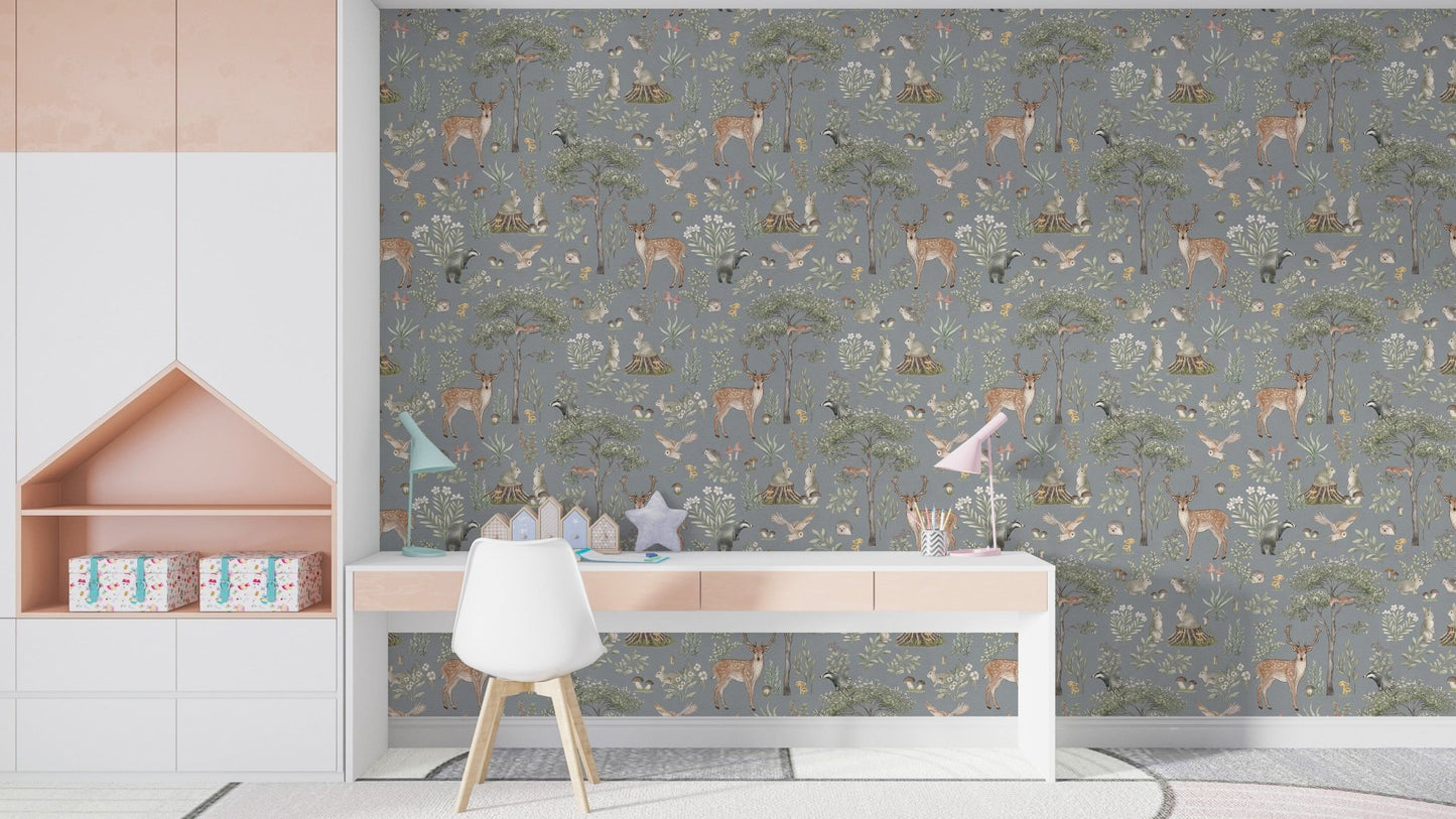 Woodland nursery wallpaper in blue
