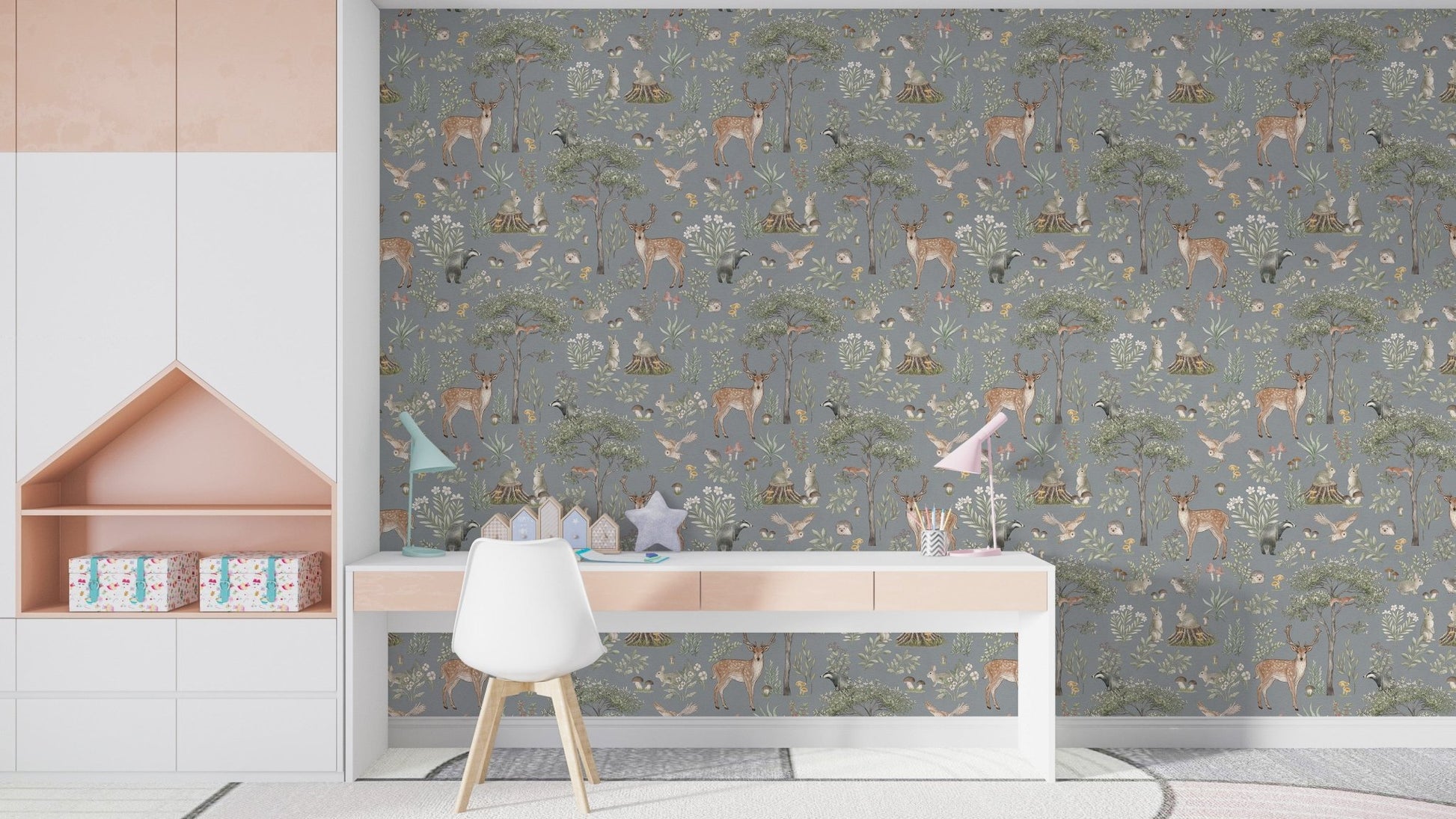 Woodland nursery wallpaper in blue
