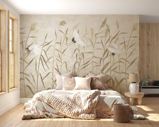 Dusty Pink Tropical Forest with Heron Birds Wallpaper A328