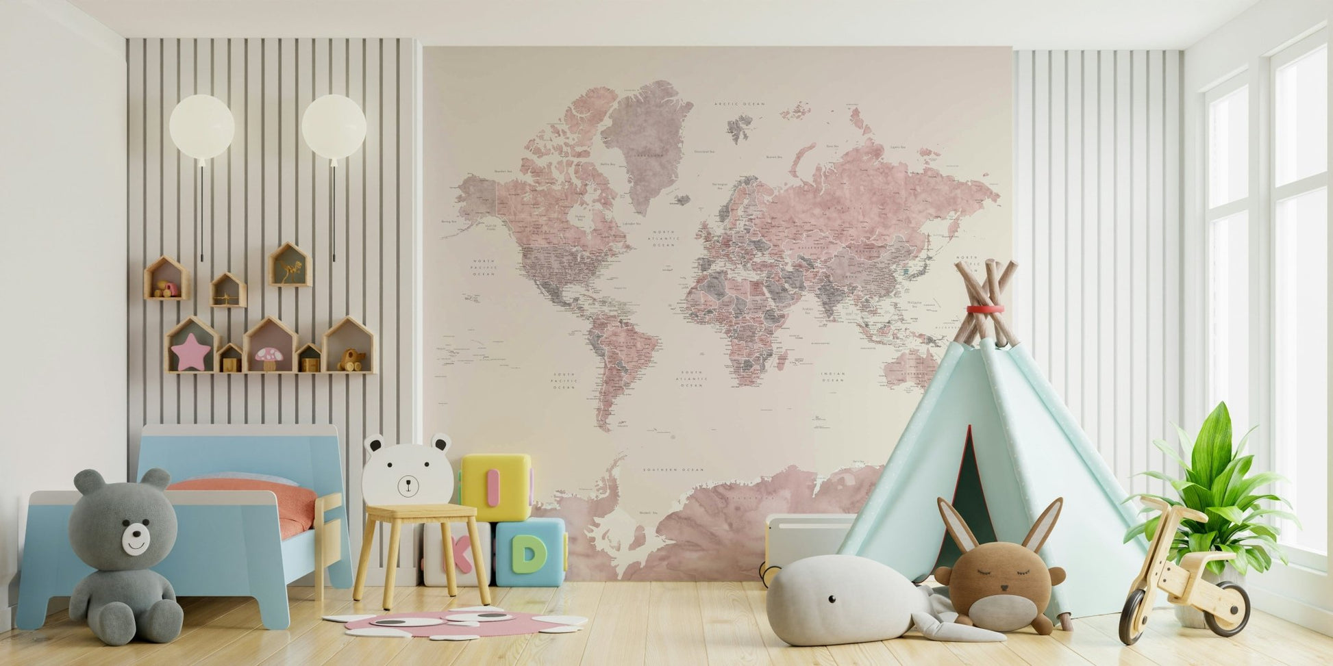 Soft dusty pink world map wallpaper

