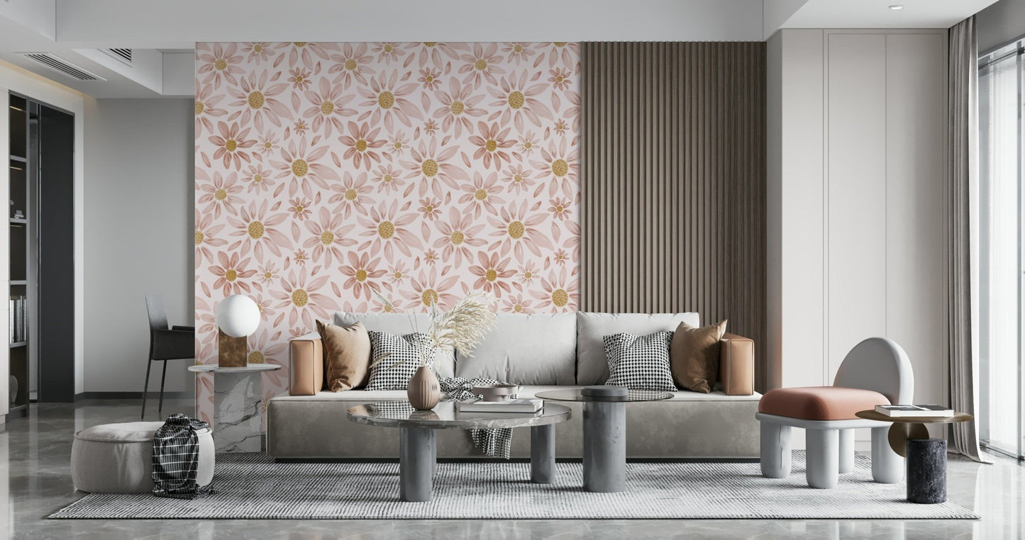 Opulent bedroom Dusty Rose wall accent, subtle wallpaper mural.