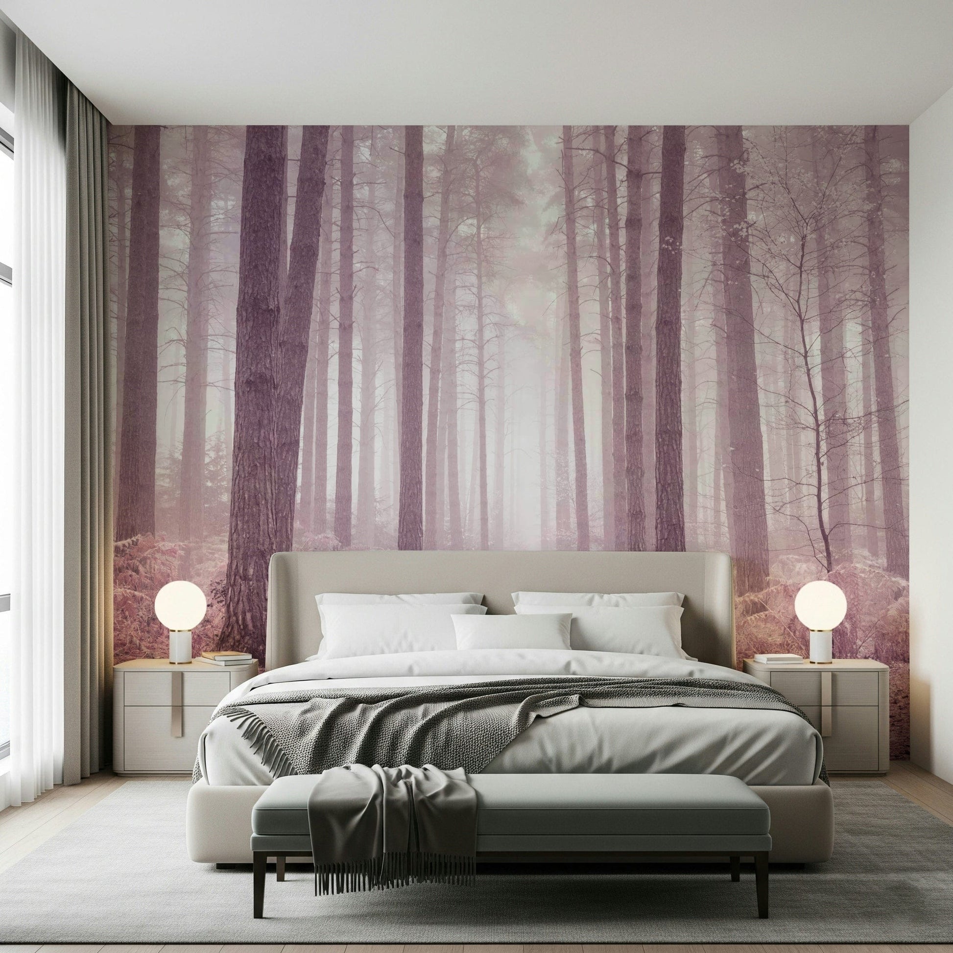 Enchanting pink pathway Dusty Rose Forest Wall Mural, unique wallpaper for walls.