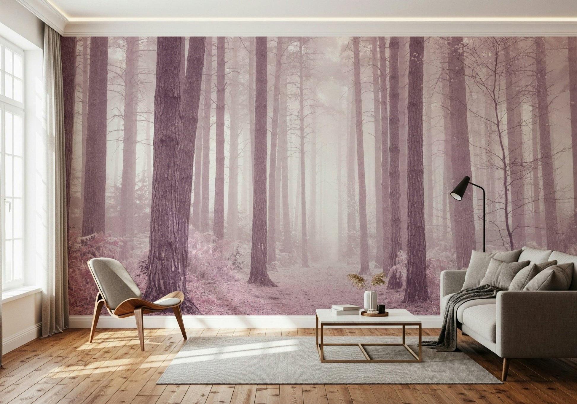 Magical tall pine trees Dusty Rose Forest Wall Mural, serene wallcovering.