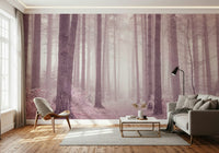 Magical tall pine trees Dusty Rose Forest Wall Mural, serene wallcovering.
