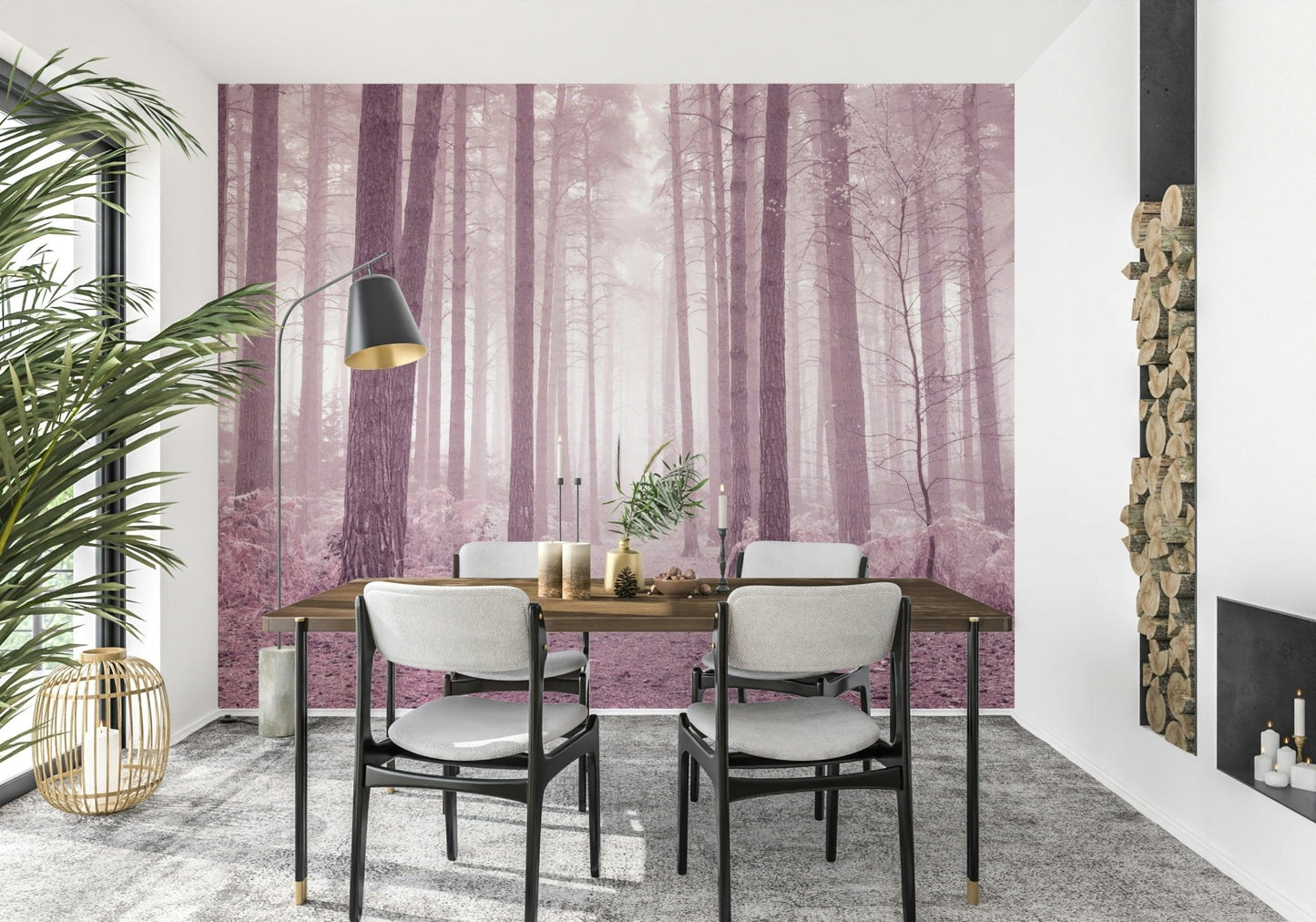 Ethereal pink woods Dusty Rose Forest scenic wall mural.