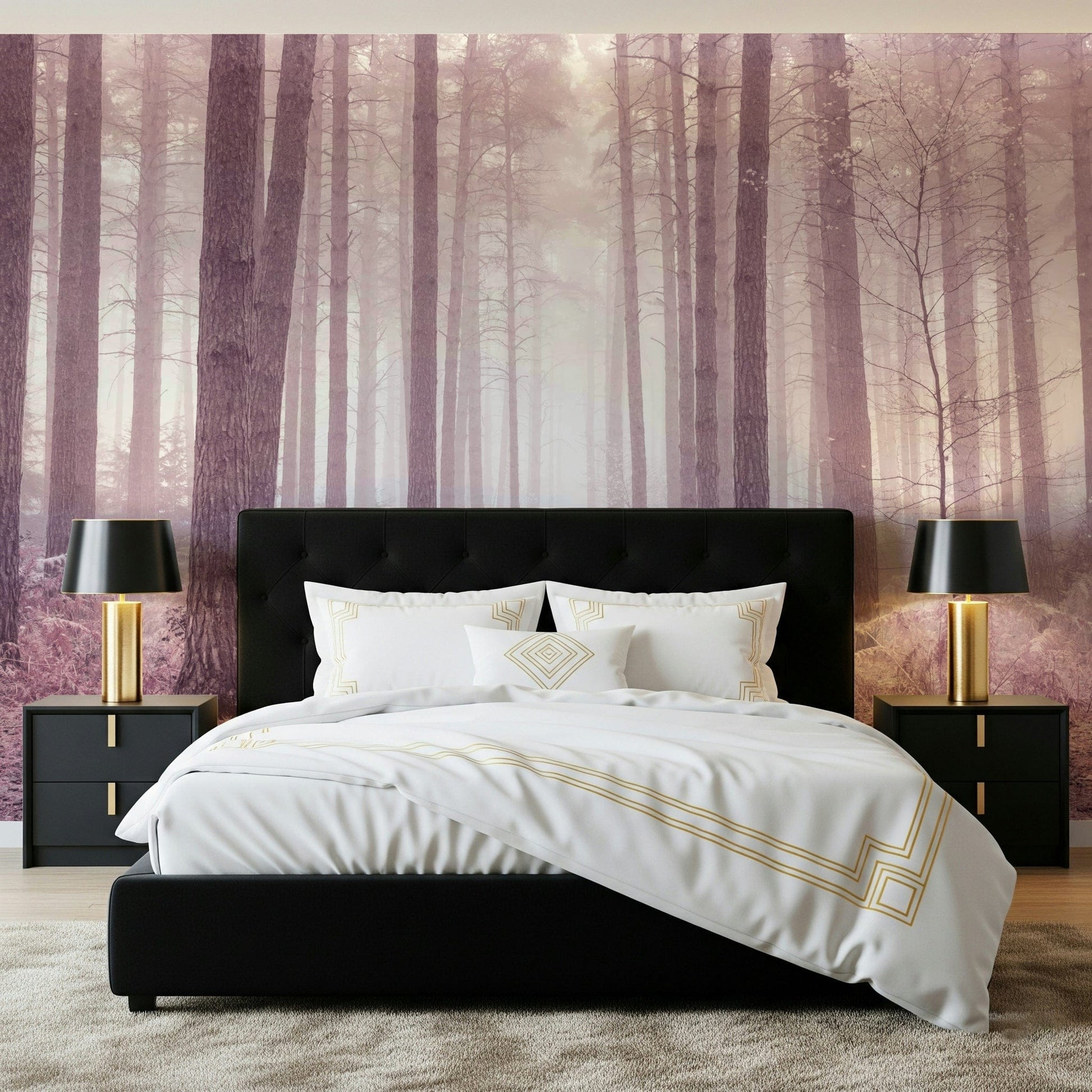 Misty woodland walk Dusty Rose Forest Wall Mural, premium quality wallcovering.