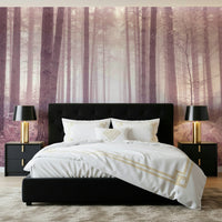 Misty woodland walk Dusty Rose Forest Wall Mural, premium quality wallcovering.
