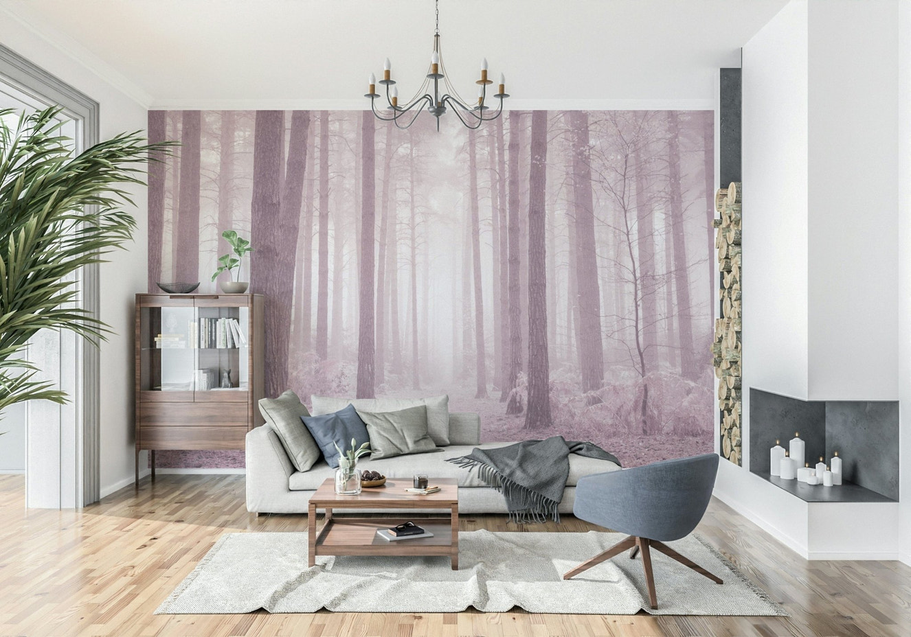 Dusty Rose Forest Wall Mural, mystical misty pink tree path.