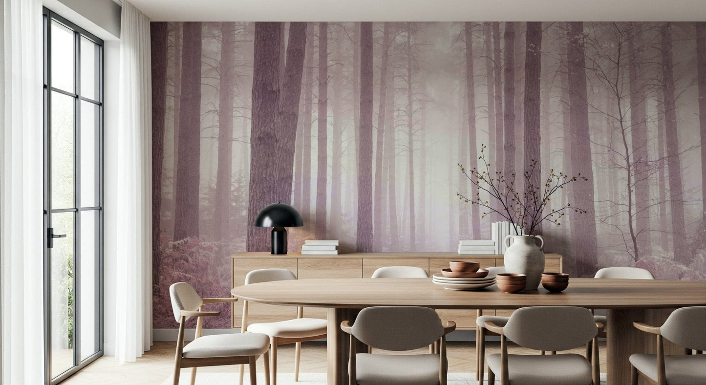 Dreamy purple forest Dusty Rose Forest Wall Mural, striking nature mural.
