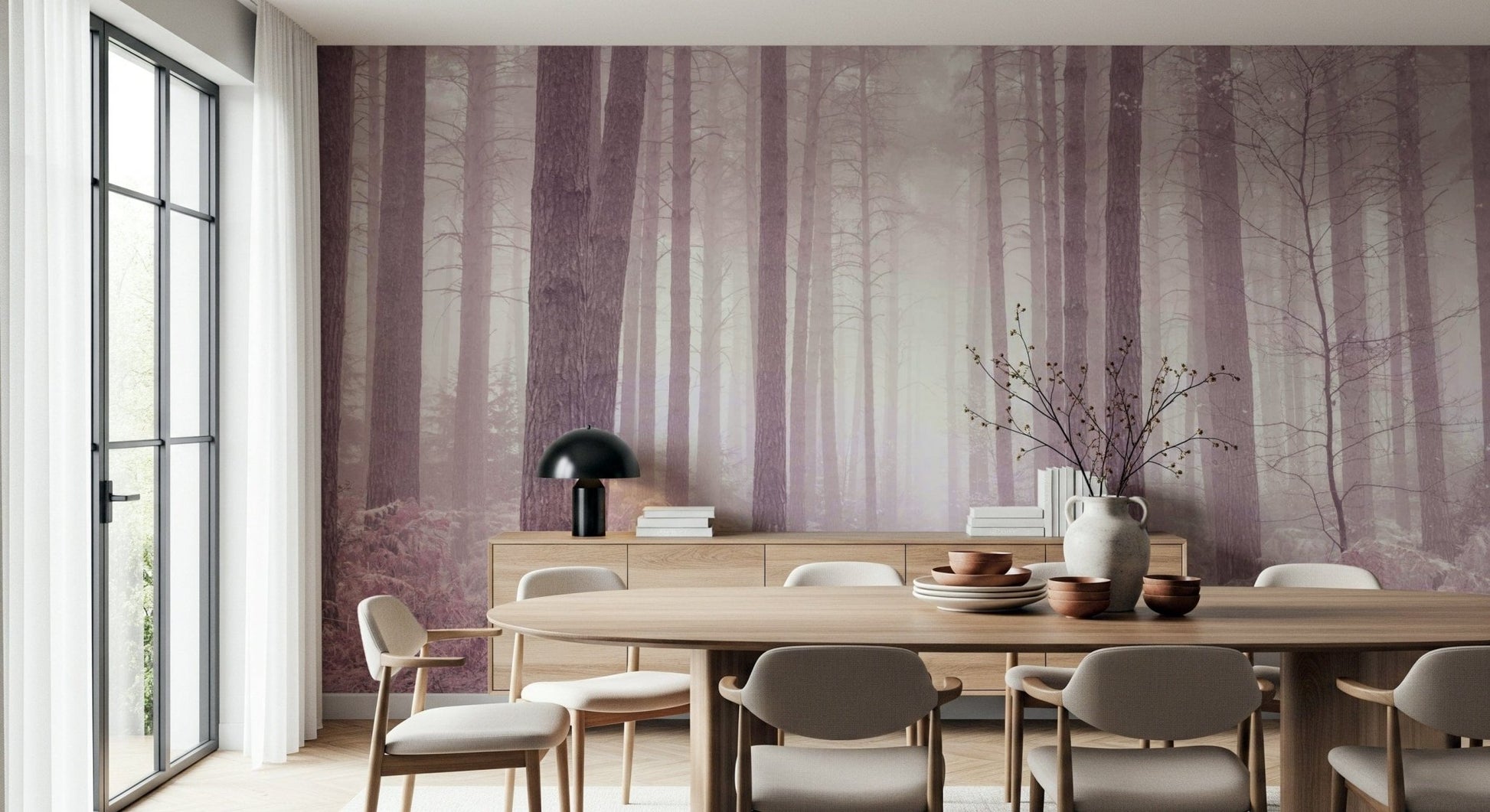 Dreamy purple forest Dusty Rose Forest Wall Mural, striking nature mural.