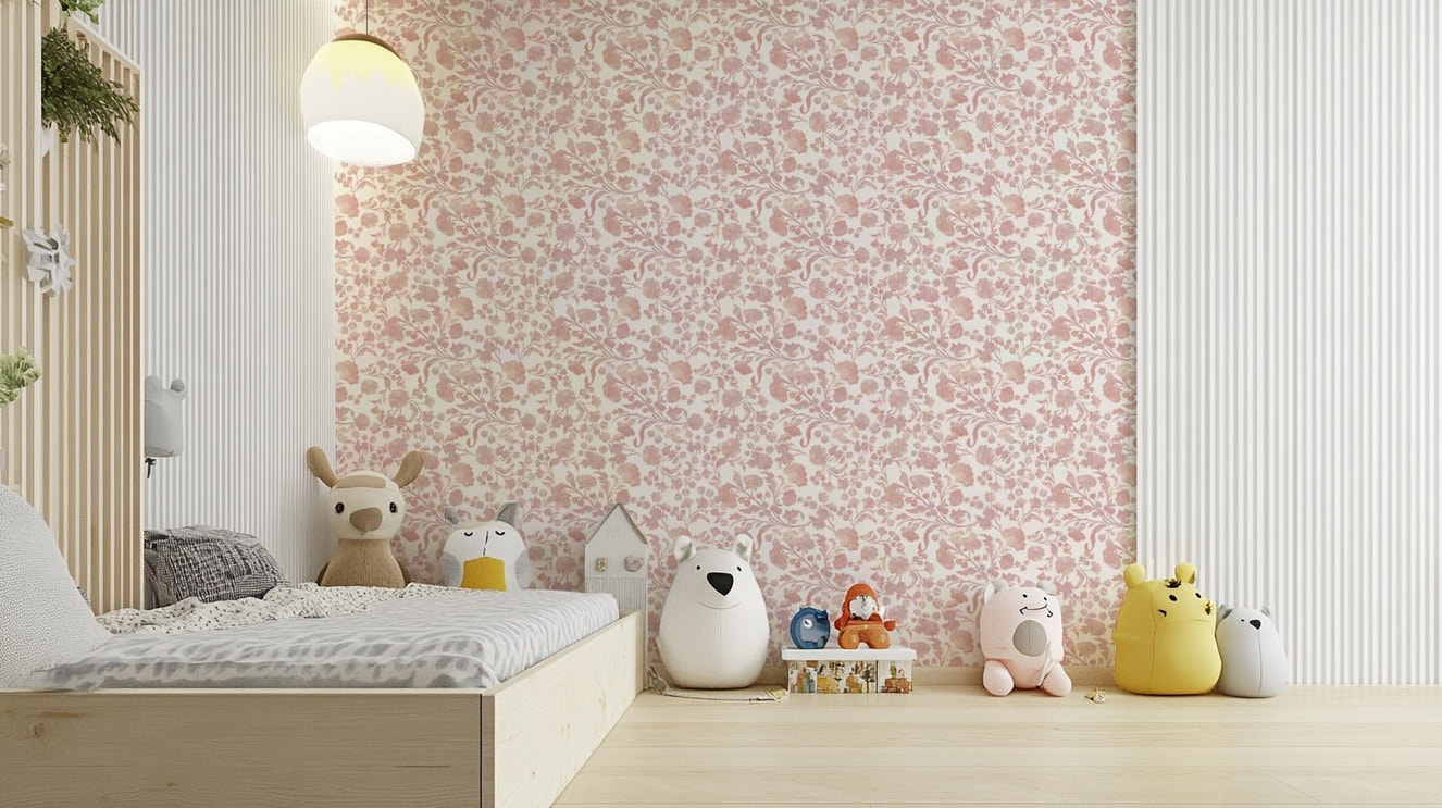 Romantic pink garden wallpaper in soft hues

