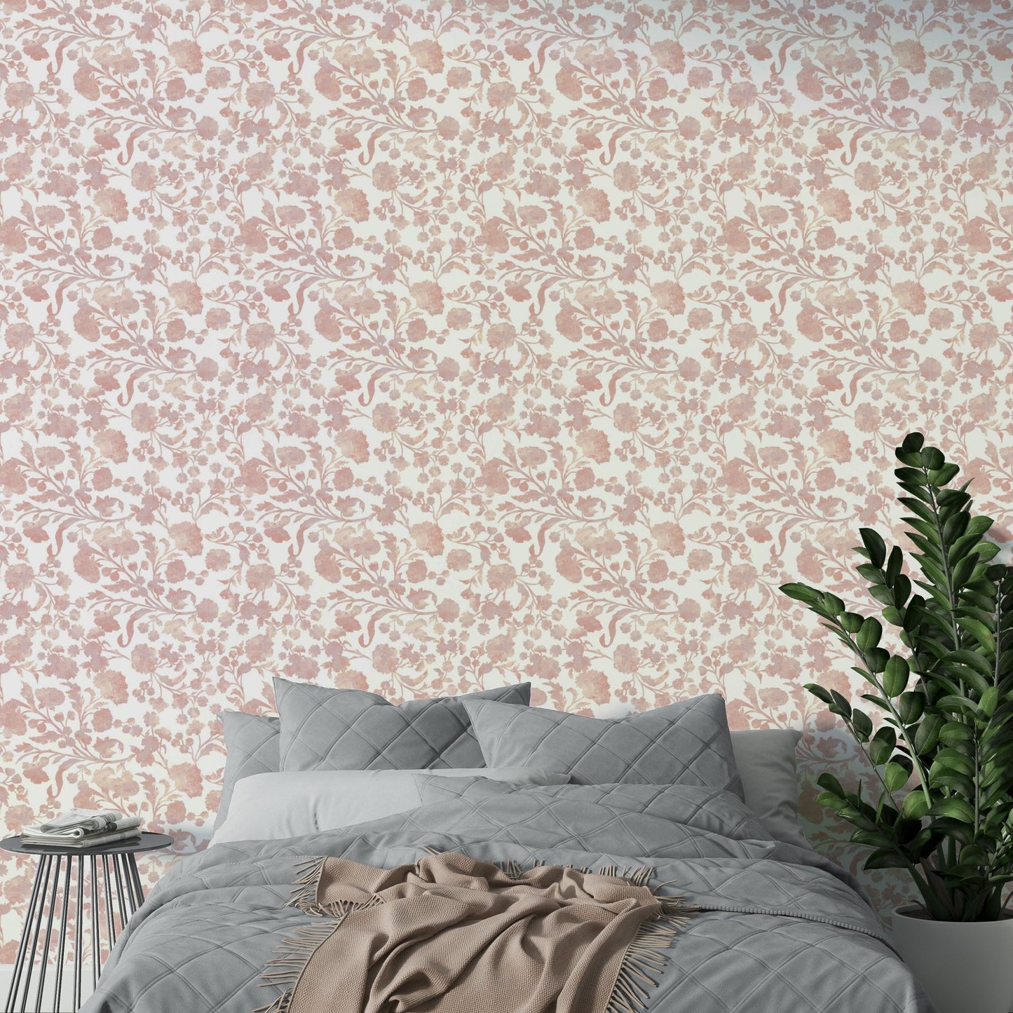 Feminine floral wallpaper in dusty pink palette

