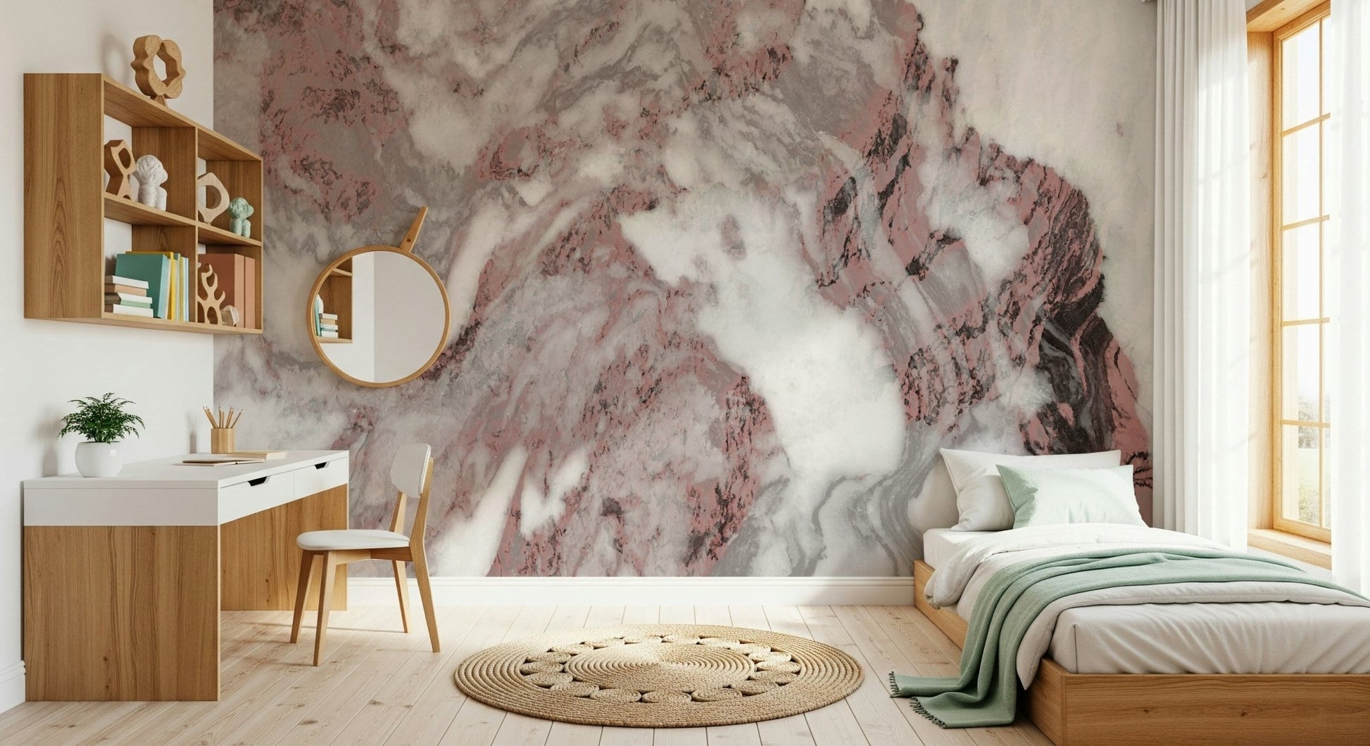 Soft pink marble swirl wallpaper in a modern office.