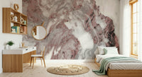 Soft pink marble swirl wallpaper in a modern office.