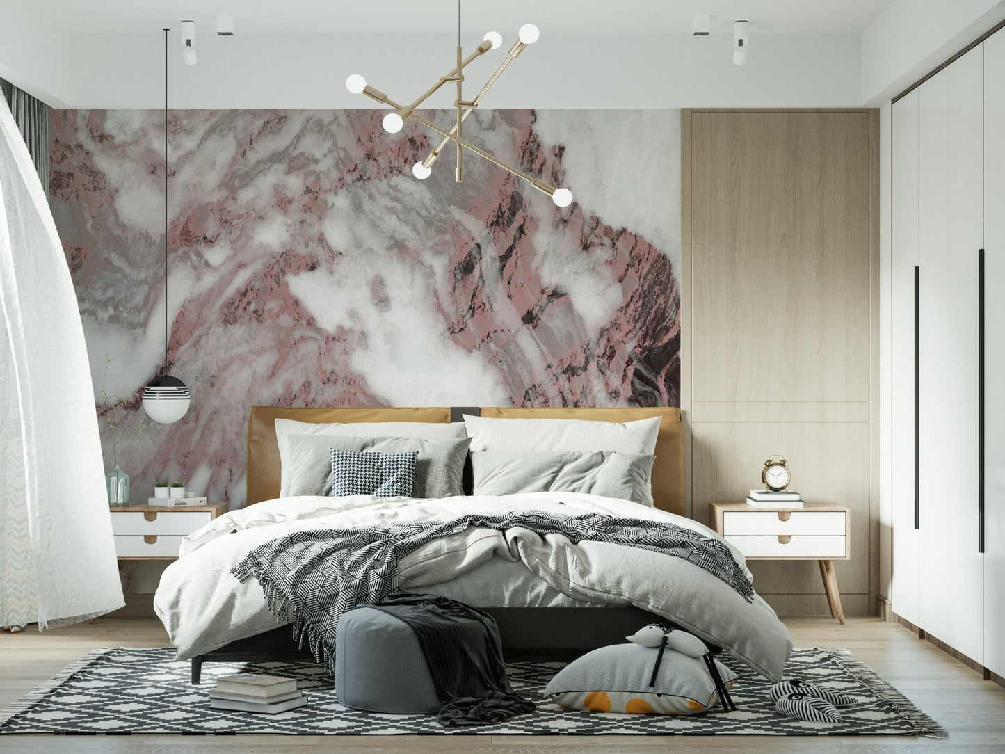 Wall mural showing elegant rose marble swirls.