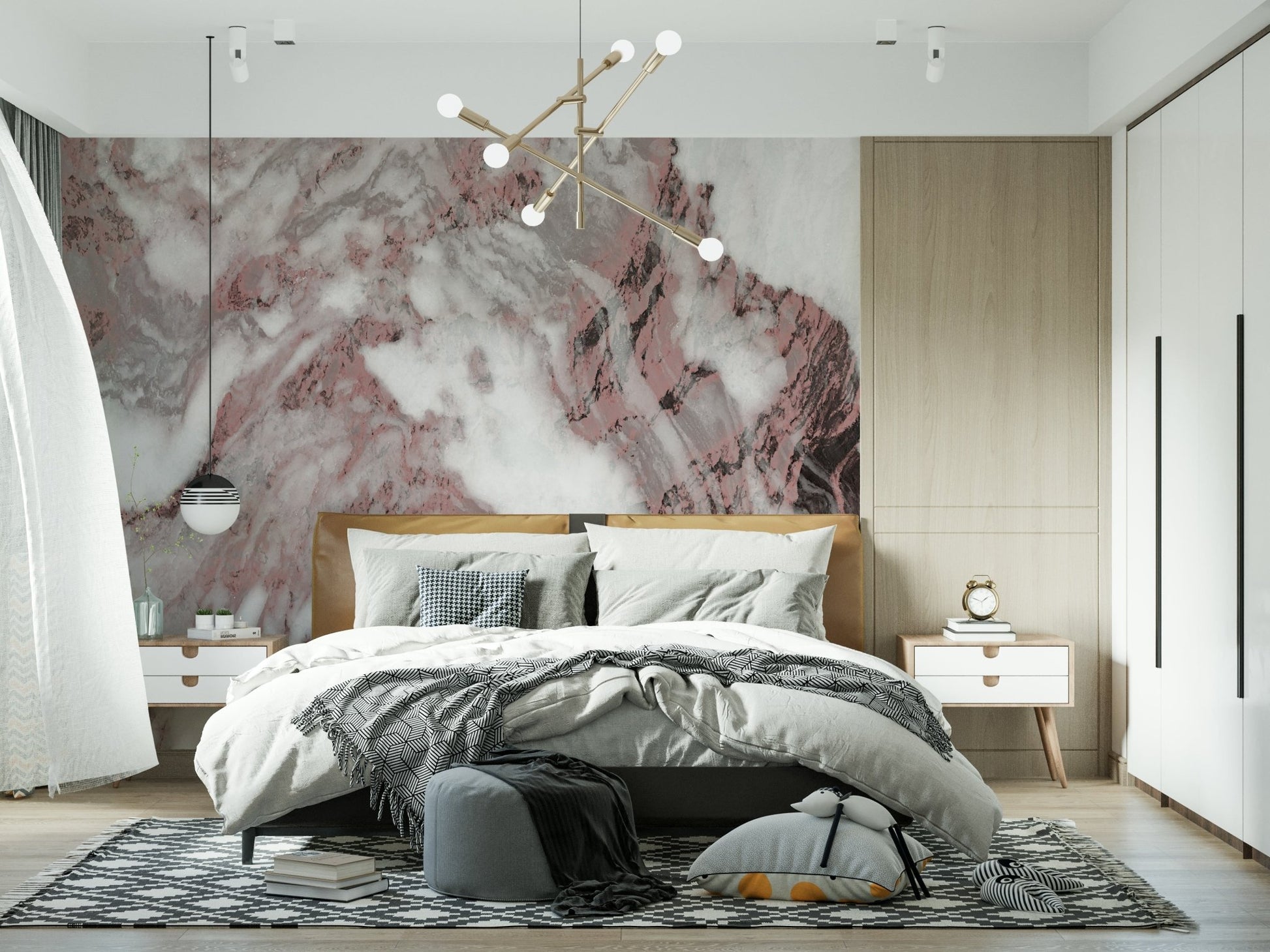 Wall mural showing elegant rose marble swirls.