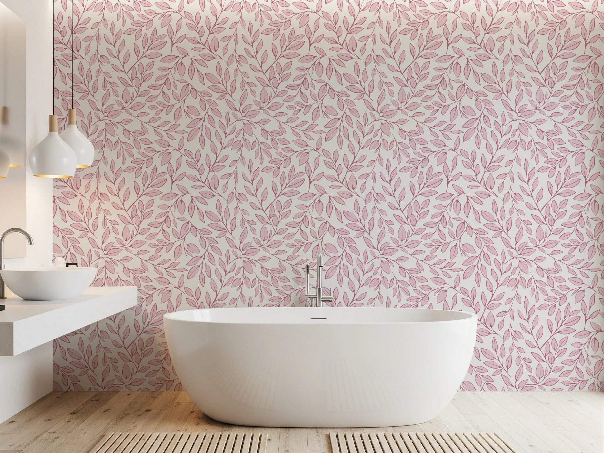 Bathroom styled with Dusty Rose Vines Wallpaper and soft botanical leaf pattern, GD8229