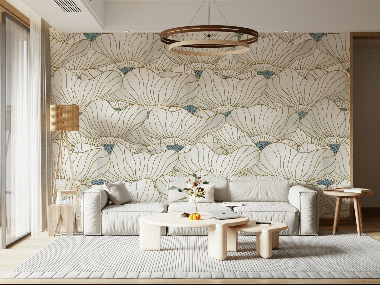 The serene, artistic flow of the Bloom Waves wallpaper mural.